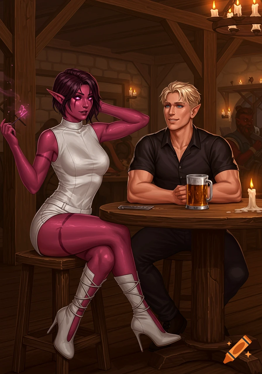 A female elf with red skin in a white outfit and a blond human man sit at a wooden table in a dimly lit fantasy tavern, digital illustration.