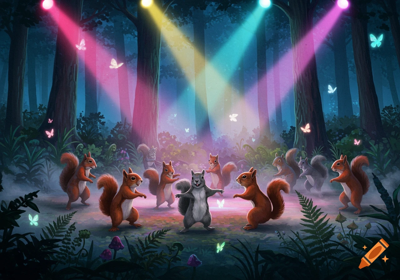 A whimsical illustration of squirrels dancing in a magical forest lit by colorful spotlights.