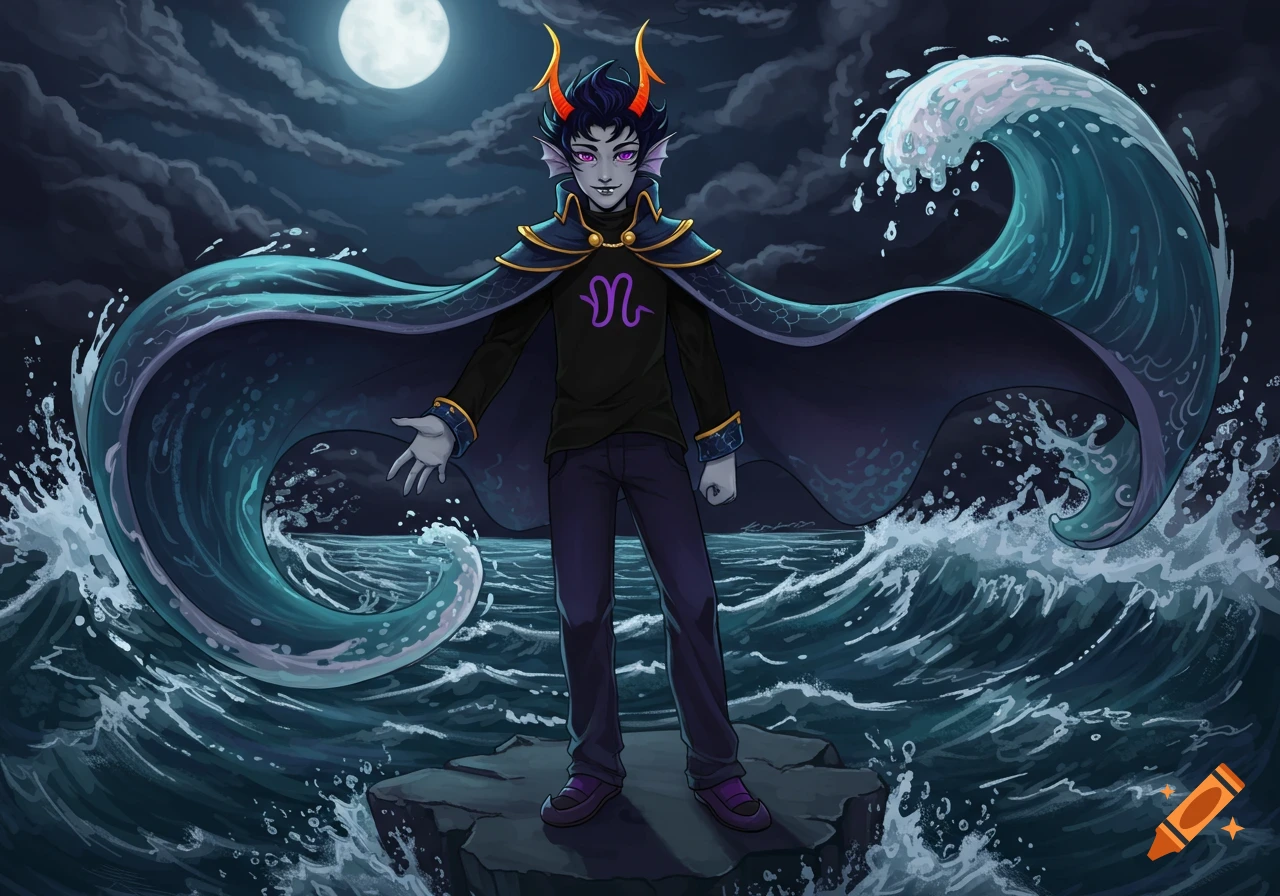 Anime character with grey skin, black hair, and orange horns standing on a rock in a stormy ocean under a full moon, with large waves surrounding him.