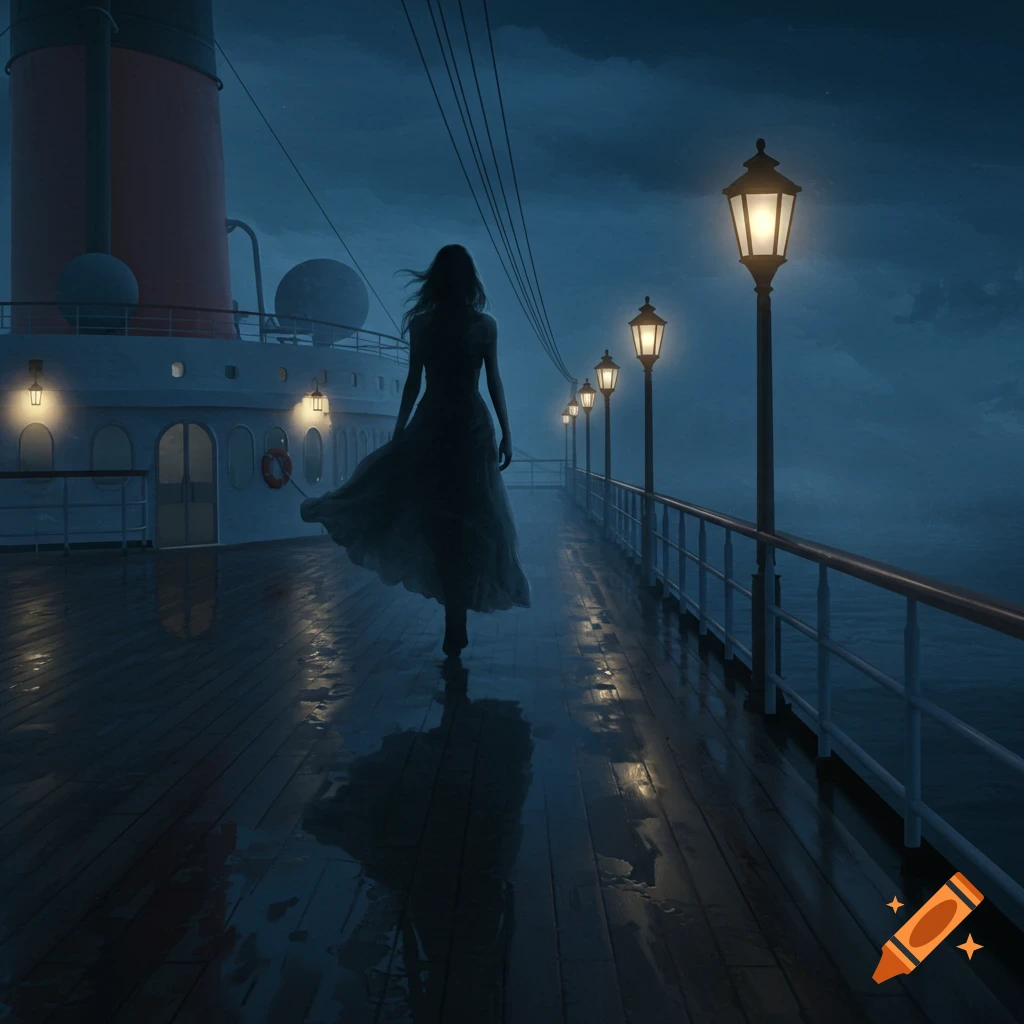 Silhouette of a woman in a flowing dress walking on a wet cruise ship deck at night, illuminated by lampposts under a dark, stormy sky.