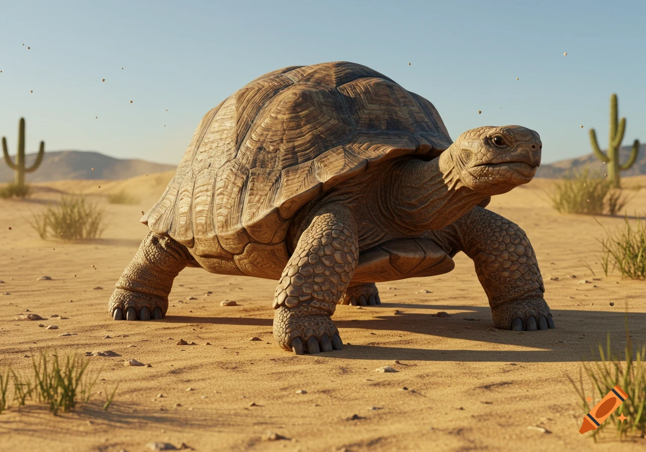 A realistic 3D render of a large tortoise walking across a sandy desert with sparse grass and cacti under a clear sky.