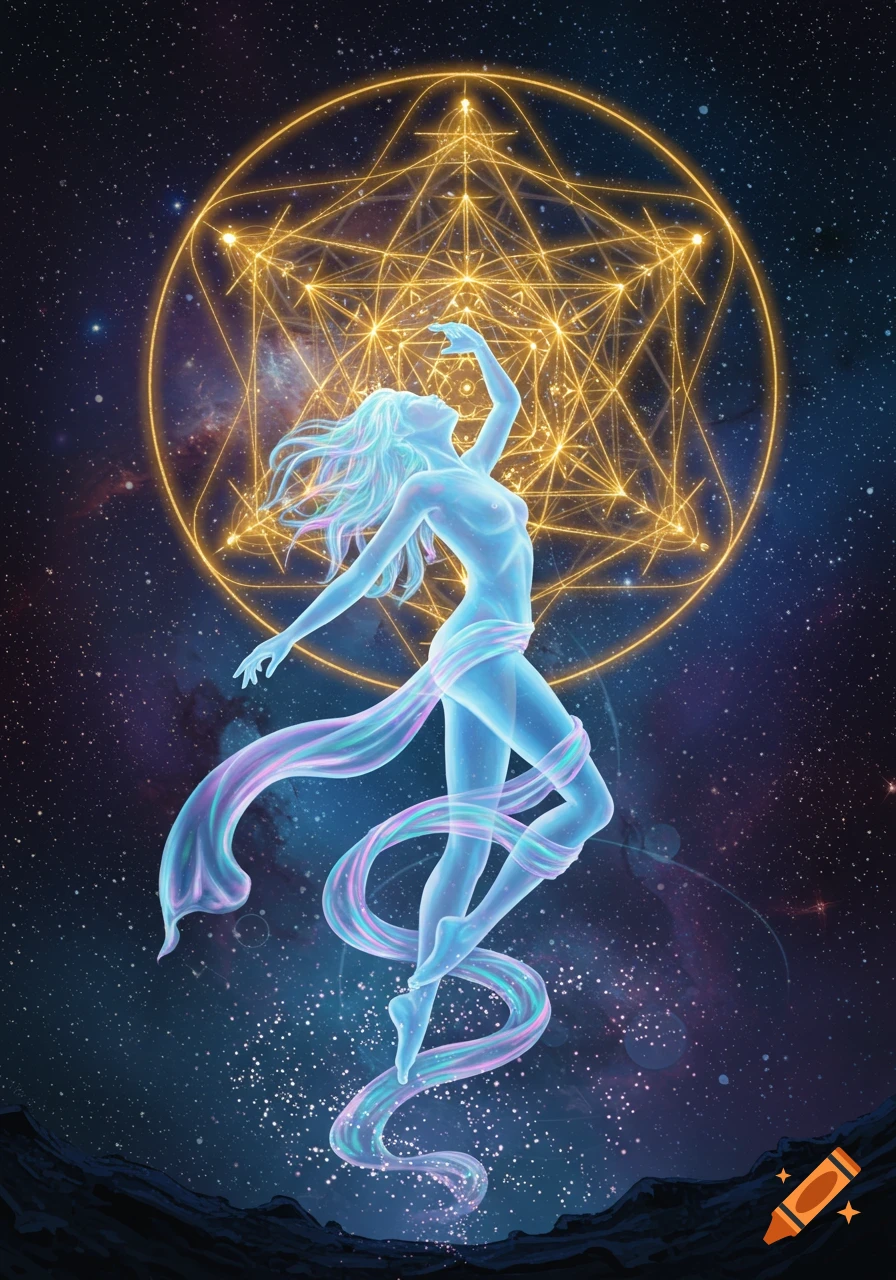 Translucent glowing female figure dancing in space with a golden Metatron's Cube behind her, ethereal art style.