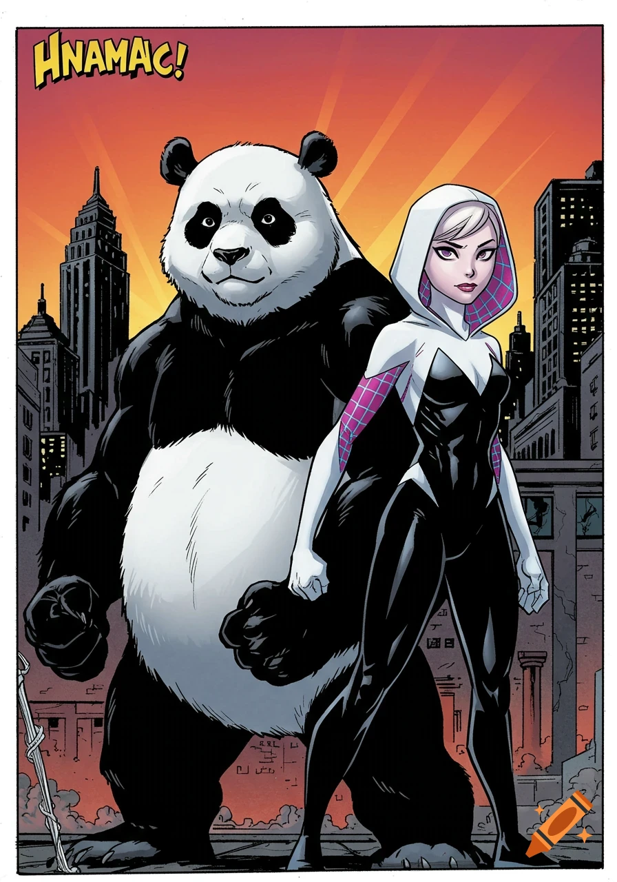 Muscular panda and Spider-Gwen stand back-to-back in a comic book style against a city skyline at sunset.