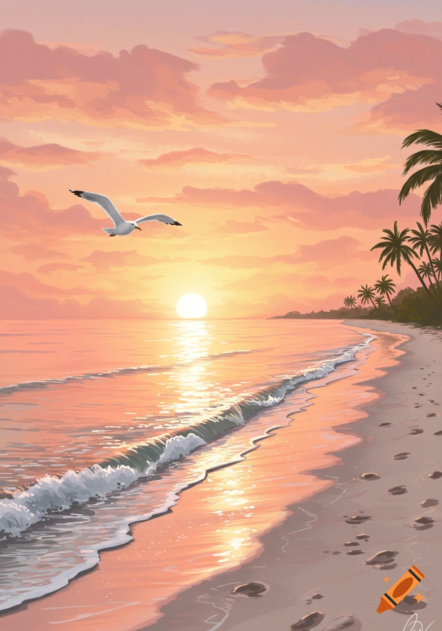 Illustrative sunset beach scene with a seagull flying over waves and palm trees.