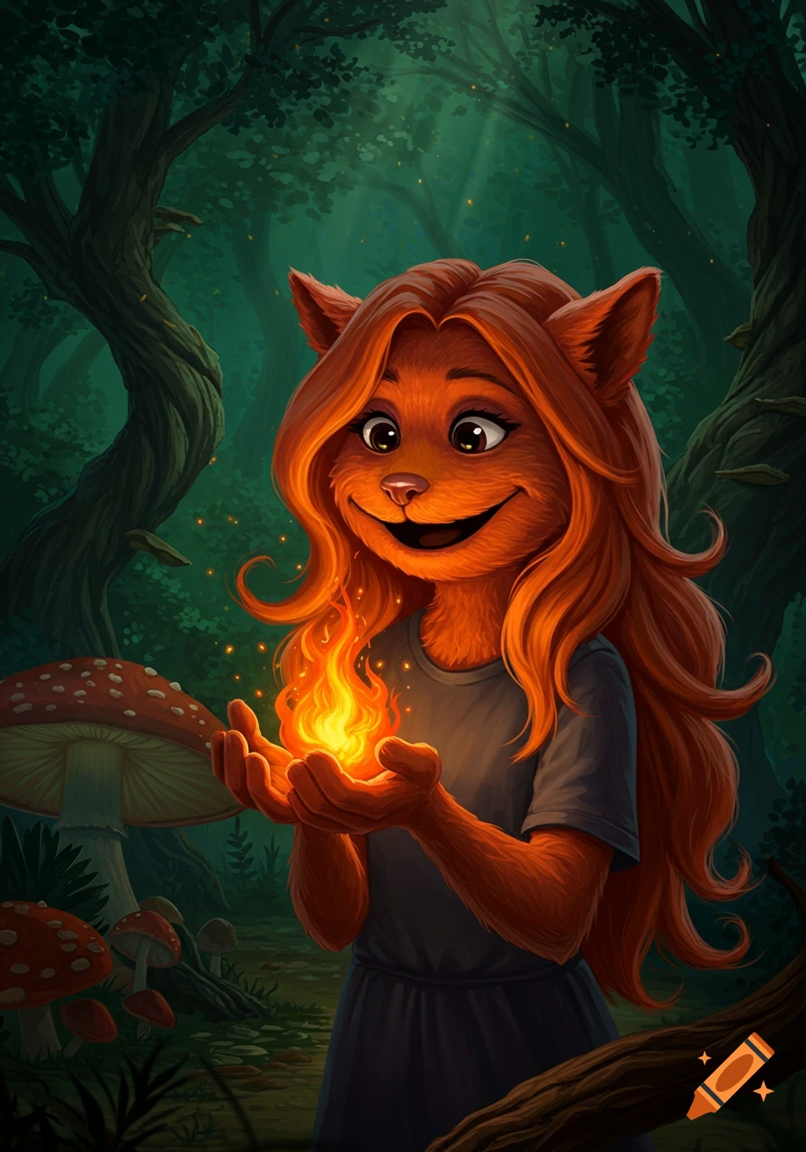 A smiling furry fox-like character with long orange hair holds a glowing fire in its hands in a dark, magical forest.