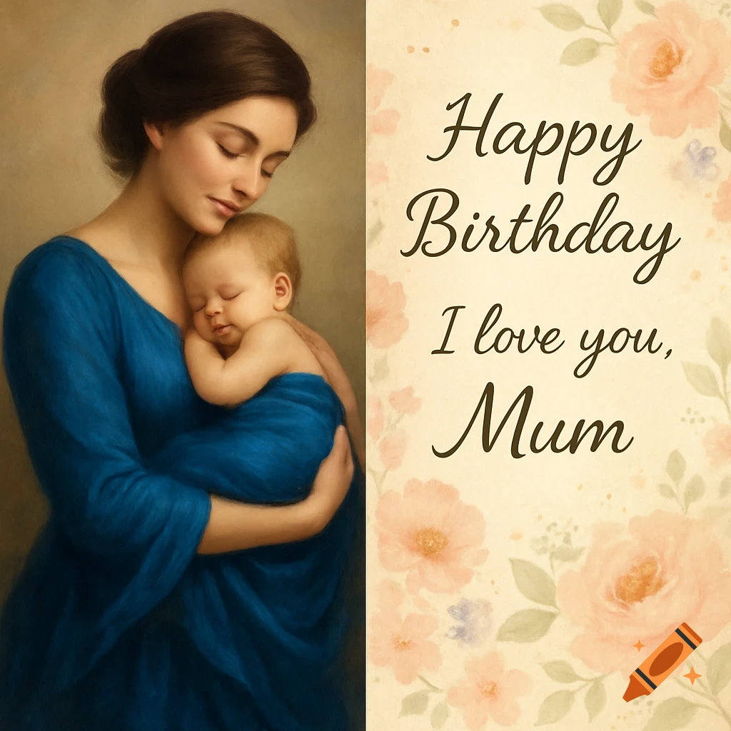 A painting of a mother in a blue dress tenderly holding her sleeping baby, on a birthday card with floral borders and 'Happy Birthday I love you, Mum' text.
