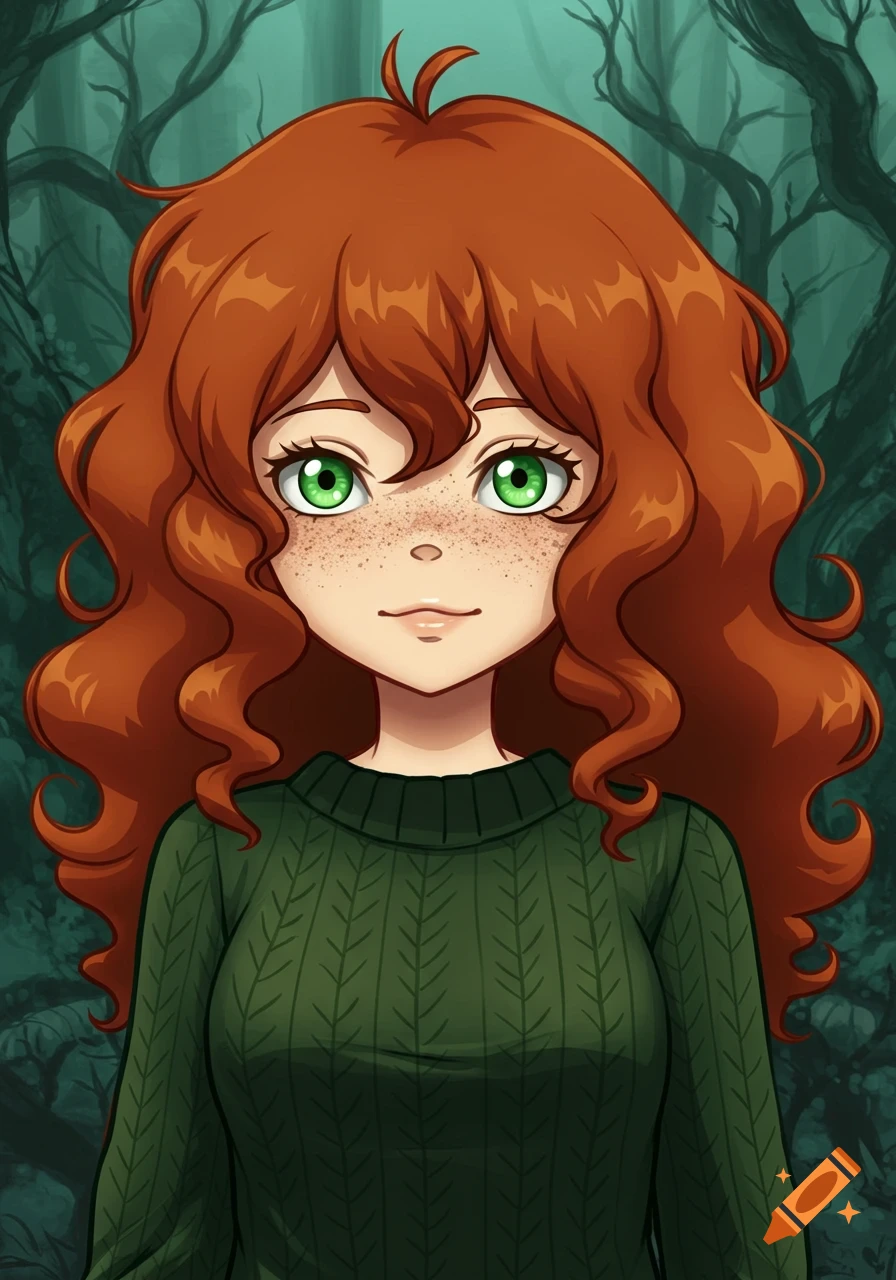 Cartoon girl with long curly red hair, green eyes, freckles, and a dark green sweater in a stylized forest.