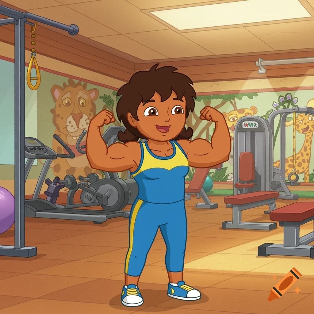 A cartoon woman with dark skin and hair, wearing a blue and yellow outfit, flexes her muscular arms in a gym.