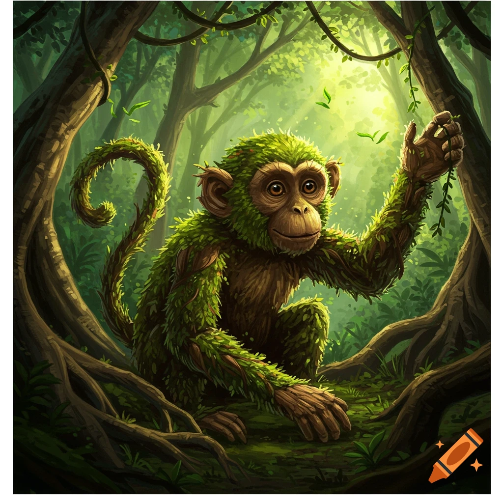 A vibrant illustration of a monkey with a body covered in green leaves and vines, sitting in a lush jungle and reaching for a leaf.