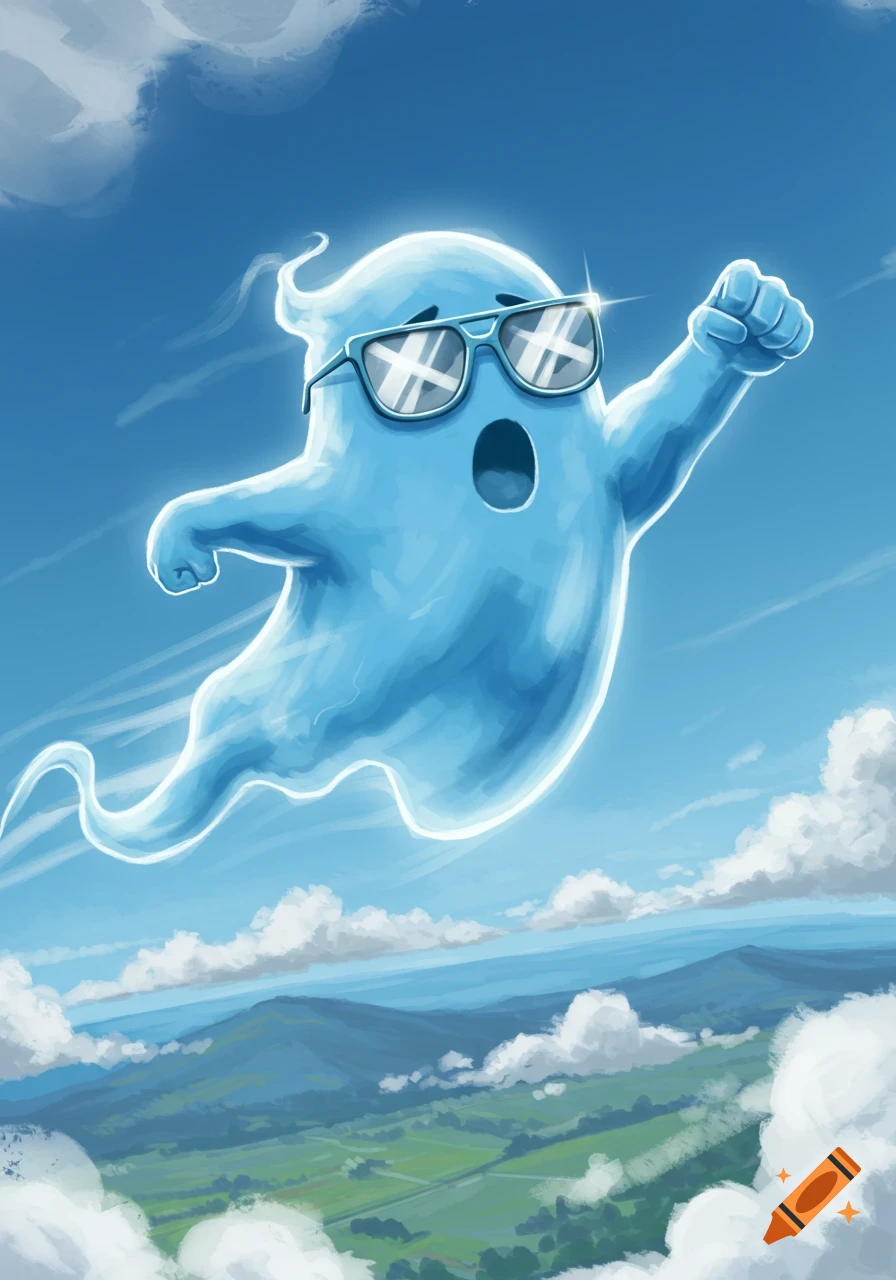 A whimsical blue ghost wearing sunglasses flies superhero-style over green hills under a blue sky.