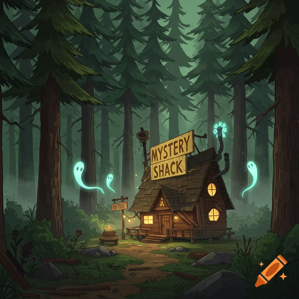Cartoon-style wooden shack with 'MYSTERY SHACK' sign in a dense, dark forest, glowing blue ghosts float around it.