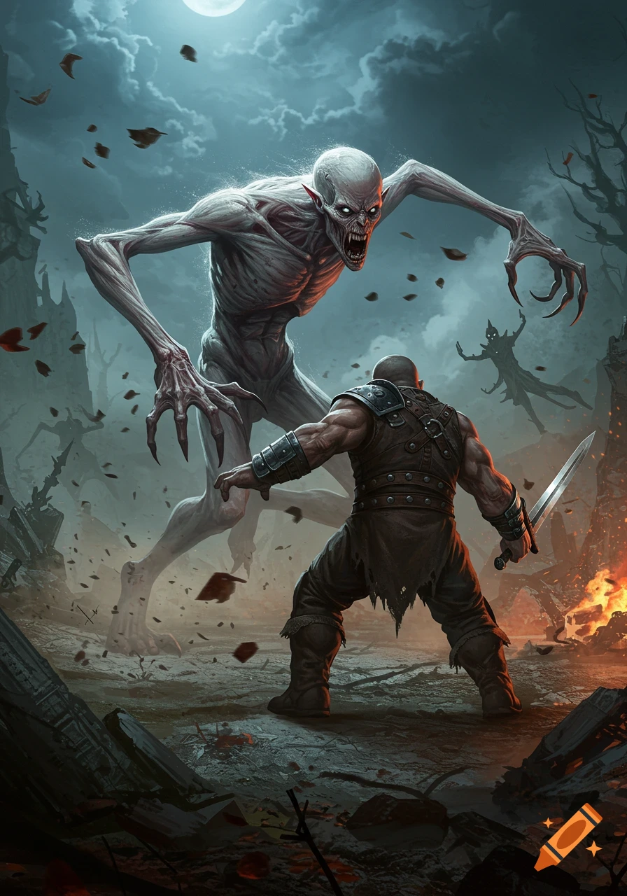 Dark fantasy illustration of a pale, lanky monster with sharp claws confronting a muscular warrior with a sword in a desolate, moonlit ruin.