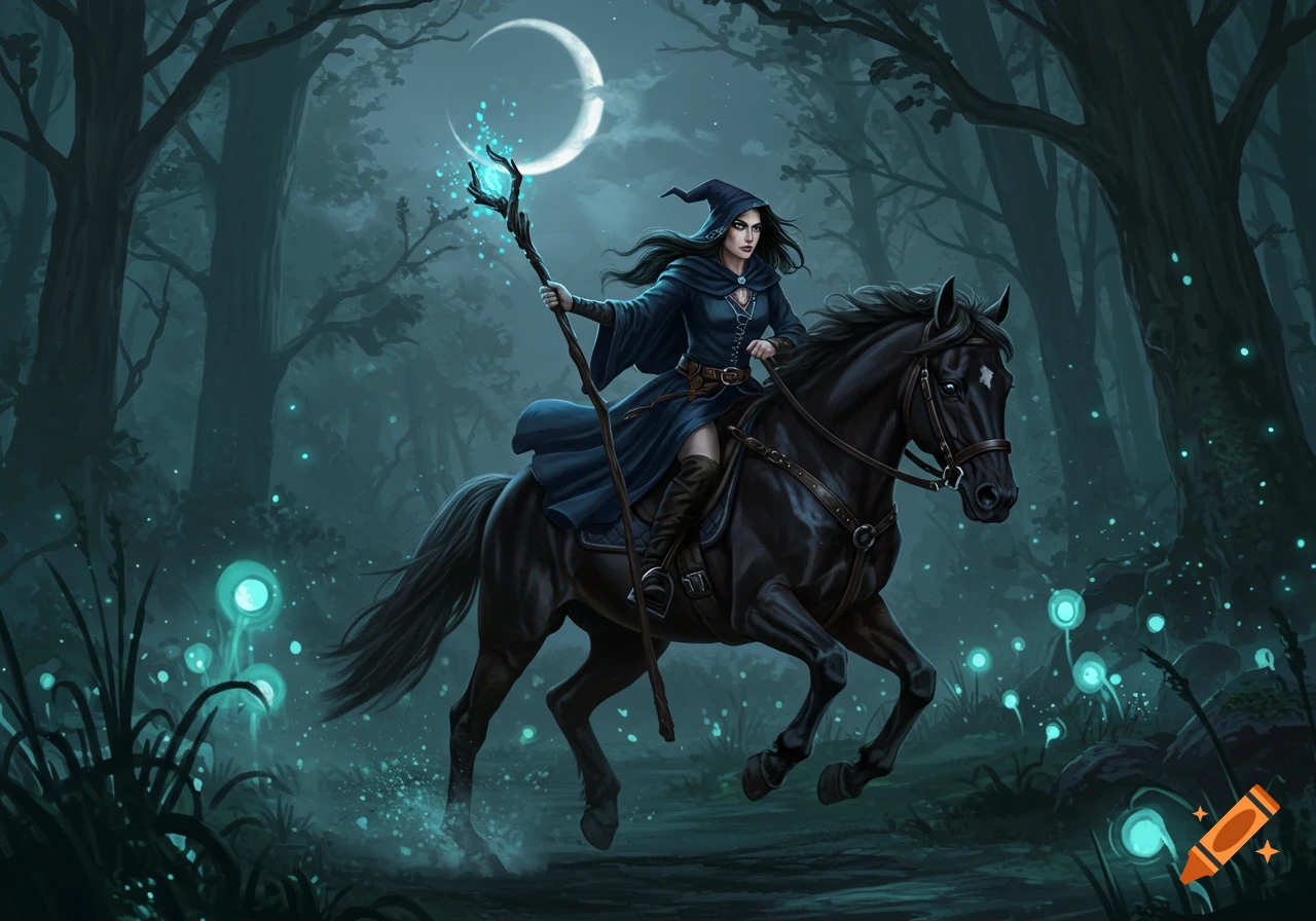 A witch in a dark hooded cloak rides a black horse through a moonlit, magical forest with glowing teal plants.