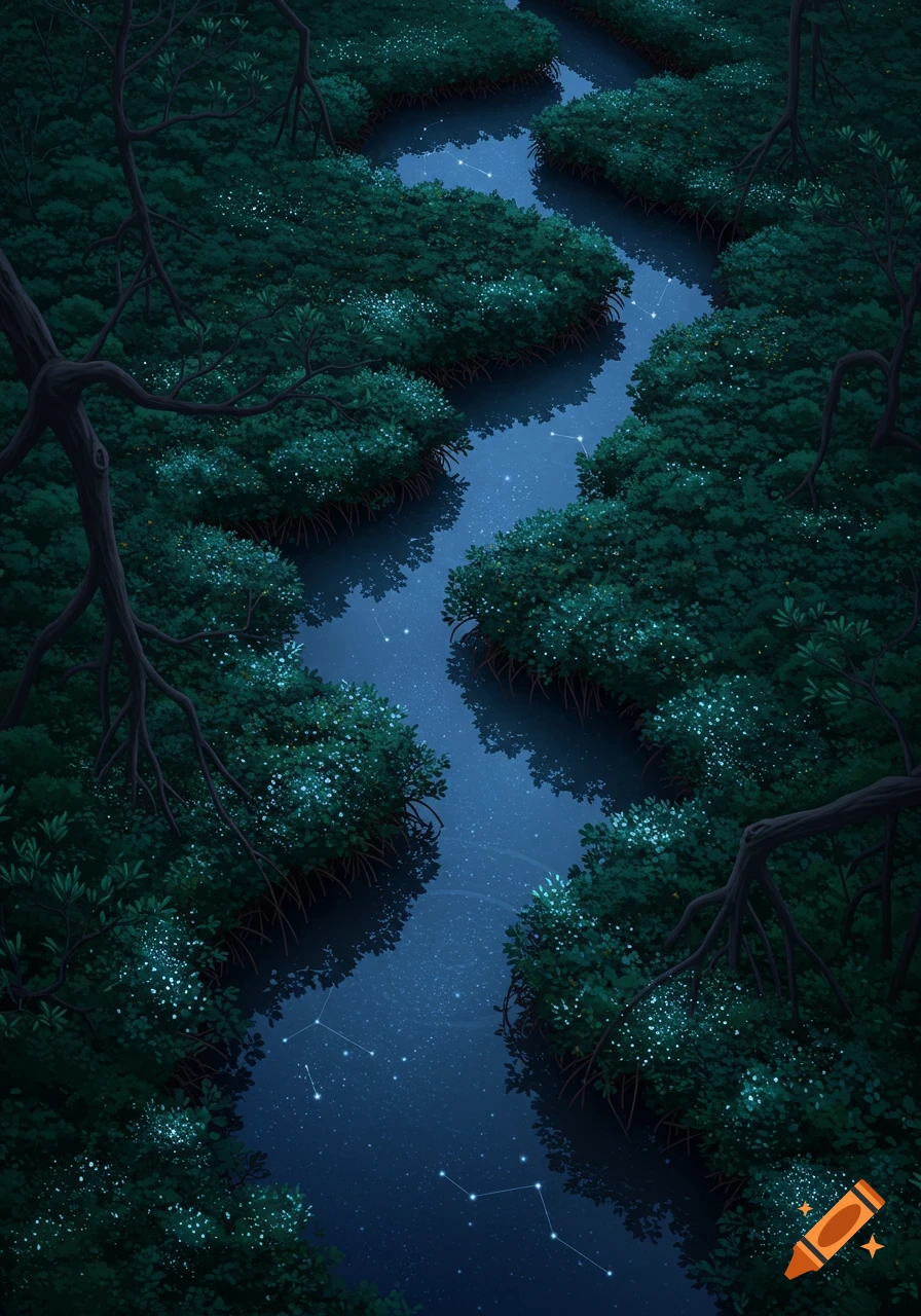 Aerial view of a winding river flowing through a dense, dark mangrove forest at night, with stars reflecting on the water.