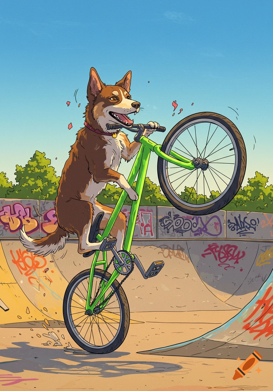 A cartoon dog with brown and white fur does a wheelie on a green BMX bike in a graffiti-covered skatepark under a blue sky.
