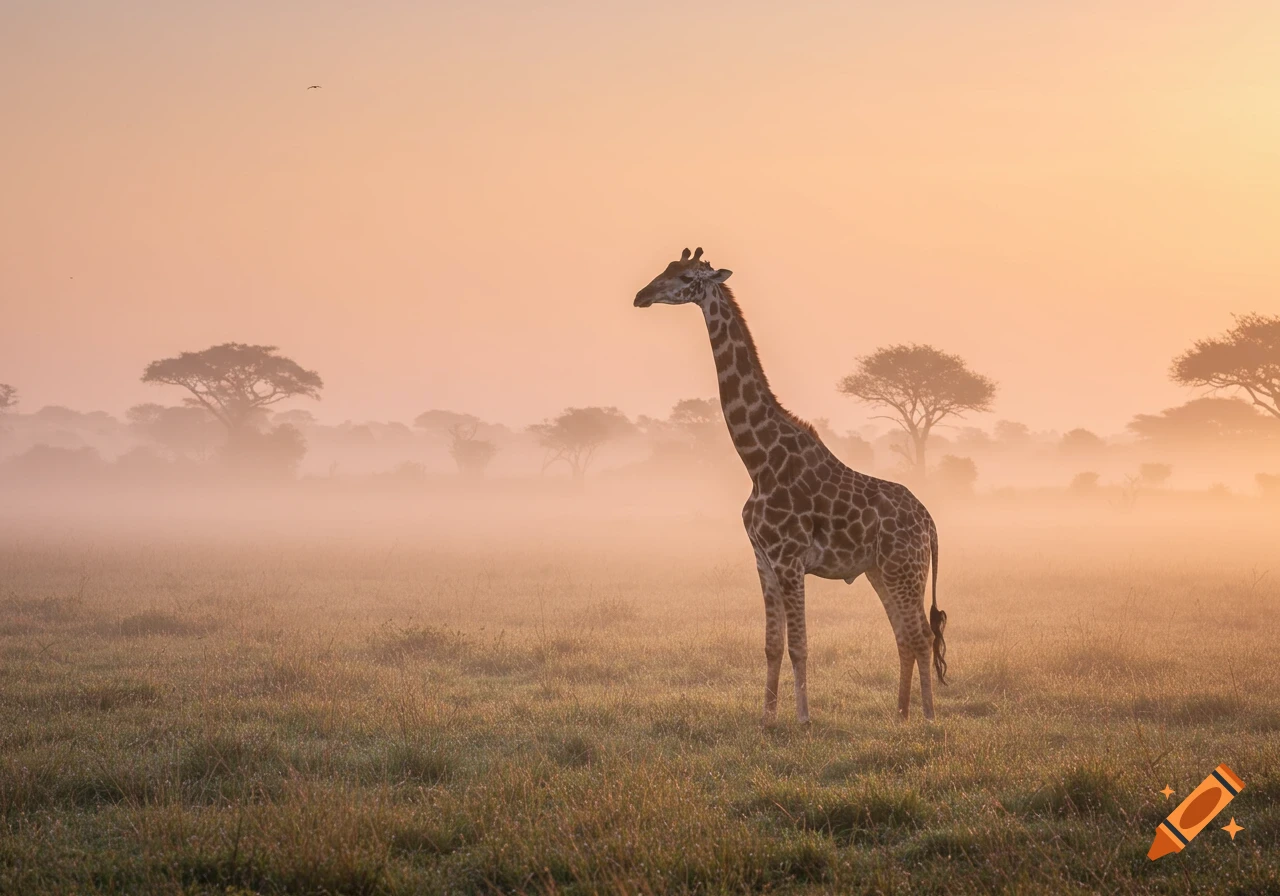 Photorealistic image of a giraffe standing in a misty savanna with trees in the background at sunrise.