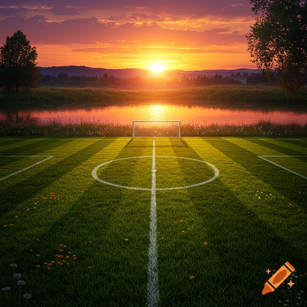 Photorealistic soccer field at sunset with a goal, a calm river, and vibrant orange sky.