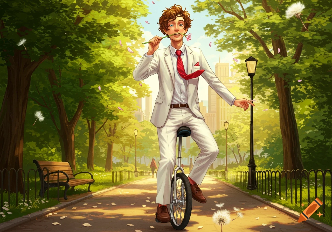 A man with curly hair in a white suit rides a unicycle in a sunny park, holding a pink flower in his mouth. Digital illustration.