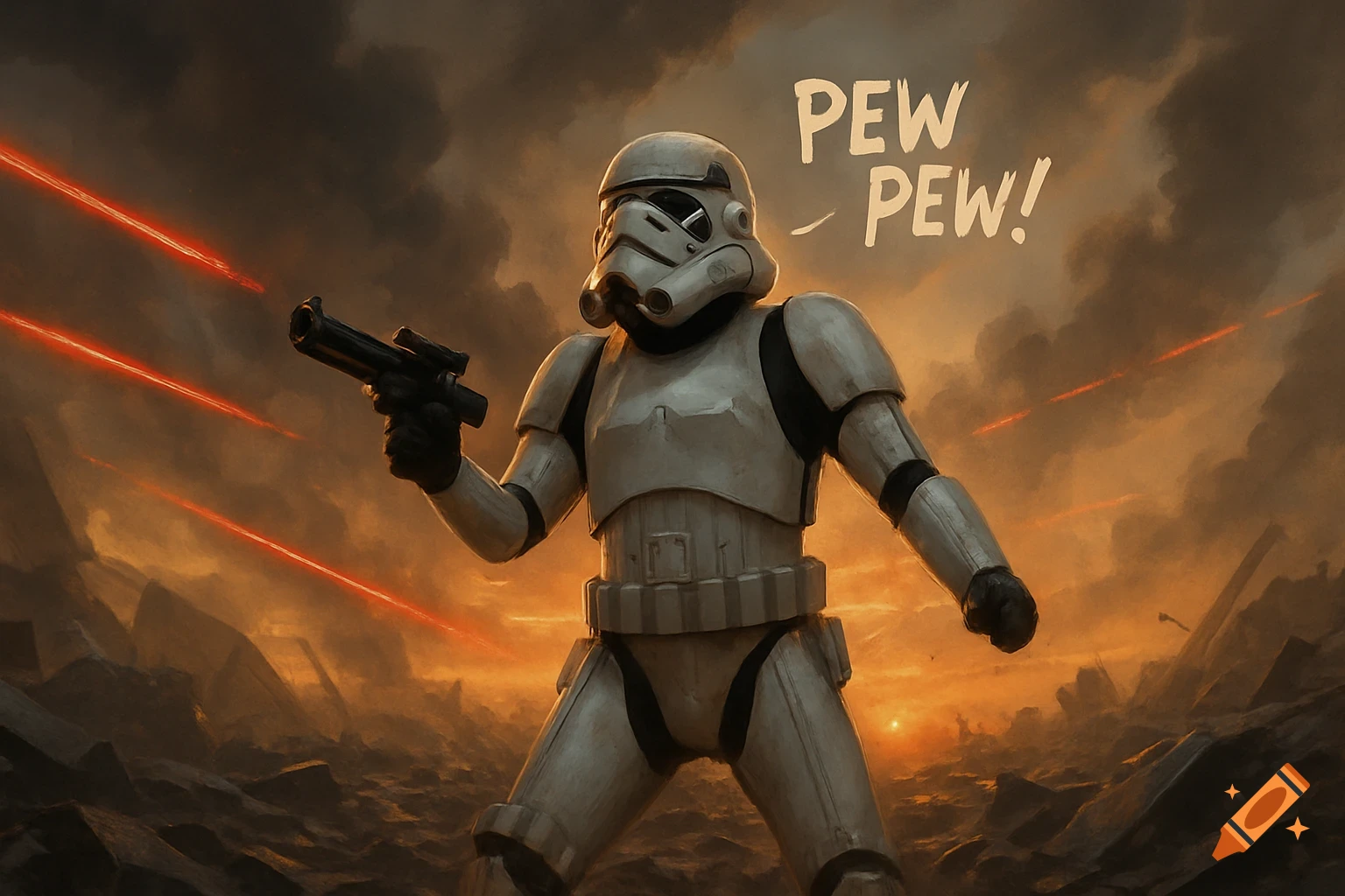 A Stormtrooper fires a blaster in a dusty, war-torn landscape, with red laser bolts and 'PEW PEW!' text, in a digital painting style.
