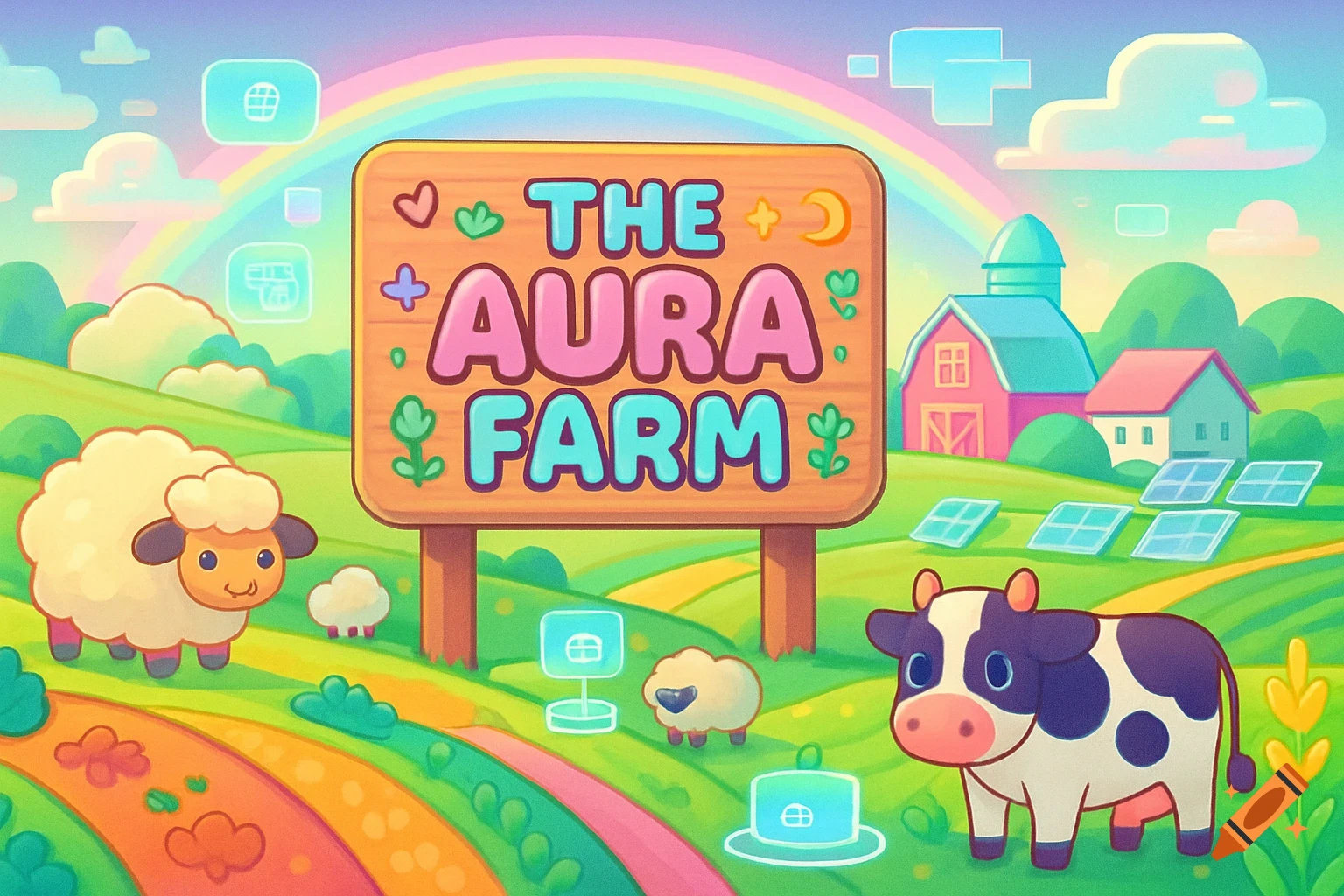 A cute cartoon farm scene with a sign reading "The Aura Farm", featuring sheep, a cow, a barn, and a rainbow.