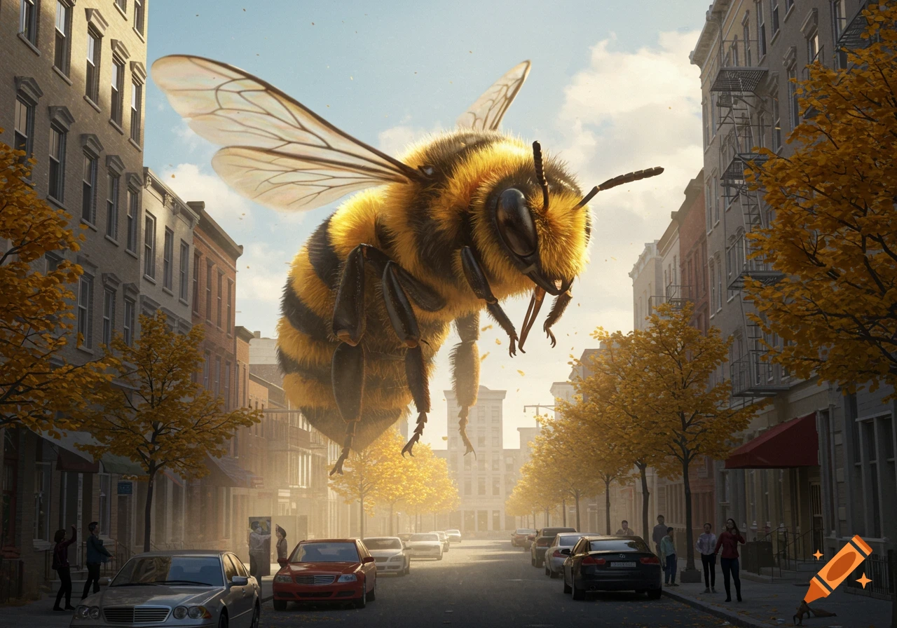 A colossal, fluffy bee with translucent wings flies low over a photorealistic city street filled with cars and people.