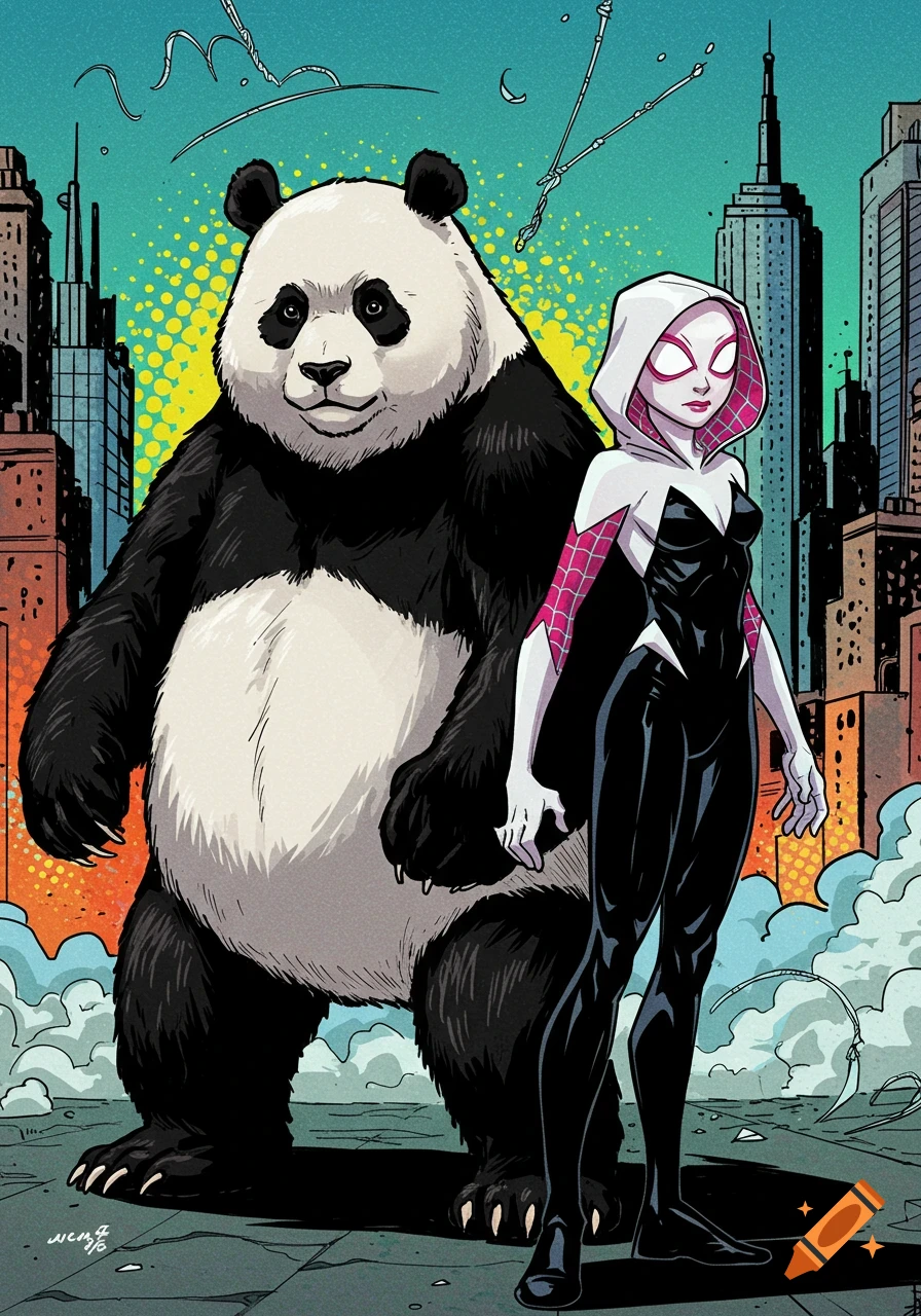 A comic book illustration of a large panda and Spider-Gwen standing side-by-side in a city with a pop art sky.