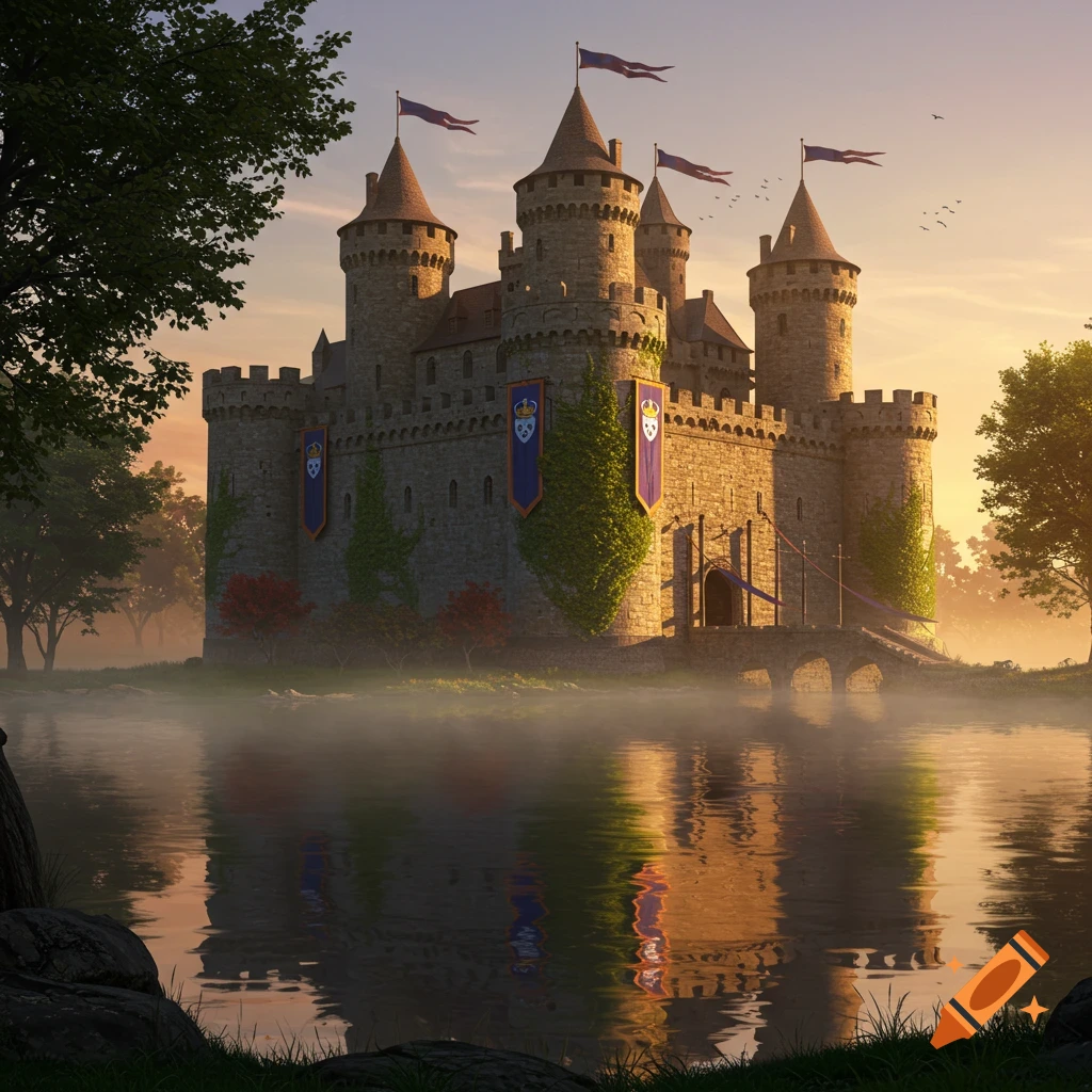 A medieval castle with flags on its towers is reflected in a misty lake at sunset, surrounded by trees.