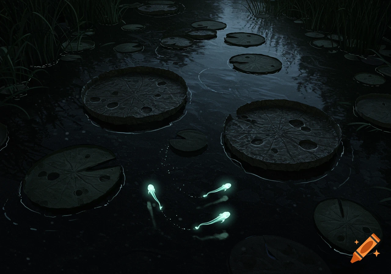 Three glowing fish-like creatures dart through a dark pond at night, surrounded by large, textured lily pads.