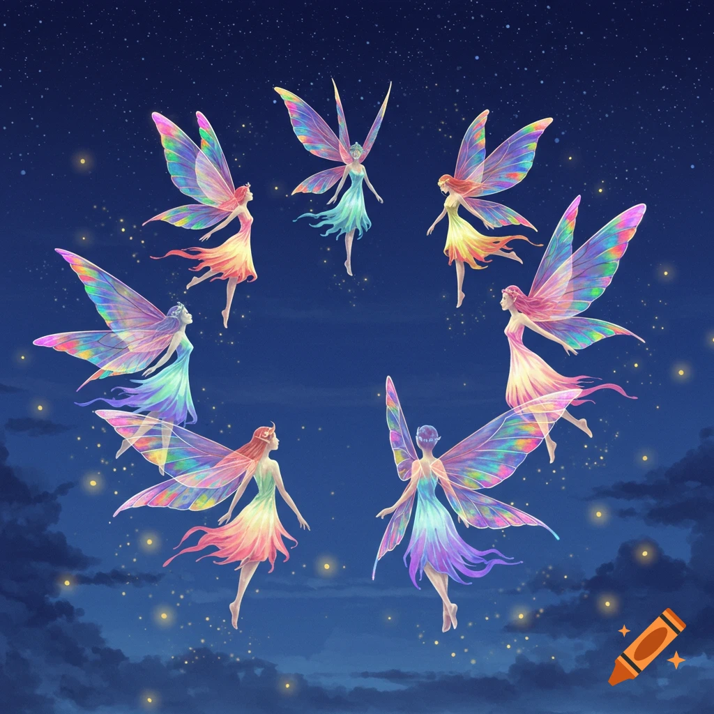 Six colorful fairies with iridescent wings fly in a circle against a dark blue, starry night sky with soft clouds.