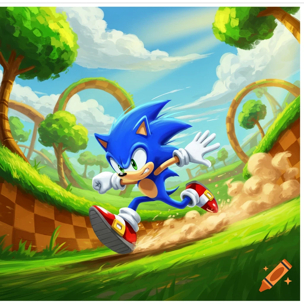 Sonic the Hedgehog runs through a vibrant green landscape with checkered slopes and loop-de-loops in a stylized cartoon.