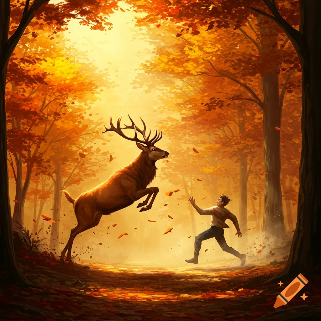 A large deer with antlers leaps dramatically over a man running through a vibrant autumn forest bathed in golden light. Illustration.