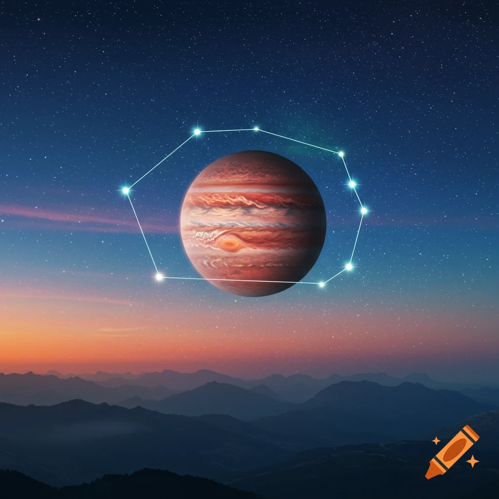 A vibrant image of Jupiter centered in a constellation over a mountain range at twilight, with a star-filled sky.