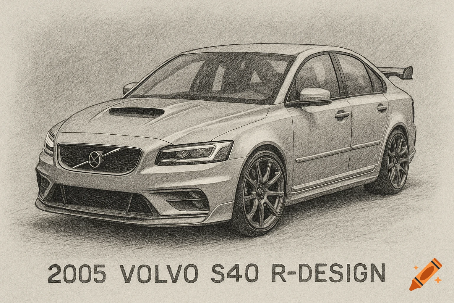 A detailed pencil drawing of a 2005 Volvo S40 R-Design sedan with a hood scoop and rear spoiler.