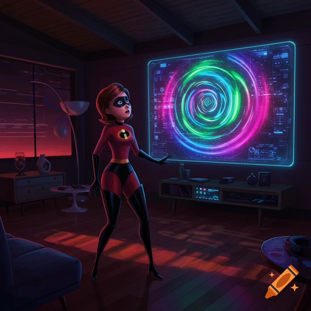 Elastigirl stands in a dimly lit room, looking mesmerized at a large glowing screen displaying colorful swirling lights.