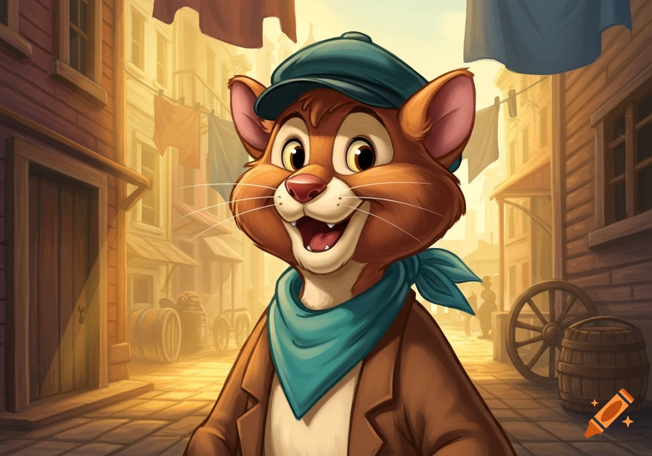 A cheerful anthropomorphic cat resembling Don Bluth's Tony Toponi, wearing a teal cap and bandana, smiles in an old street.