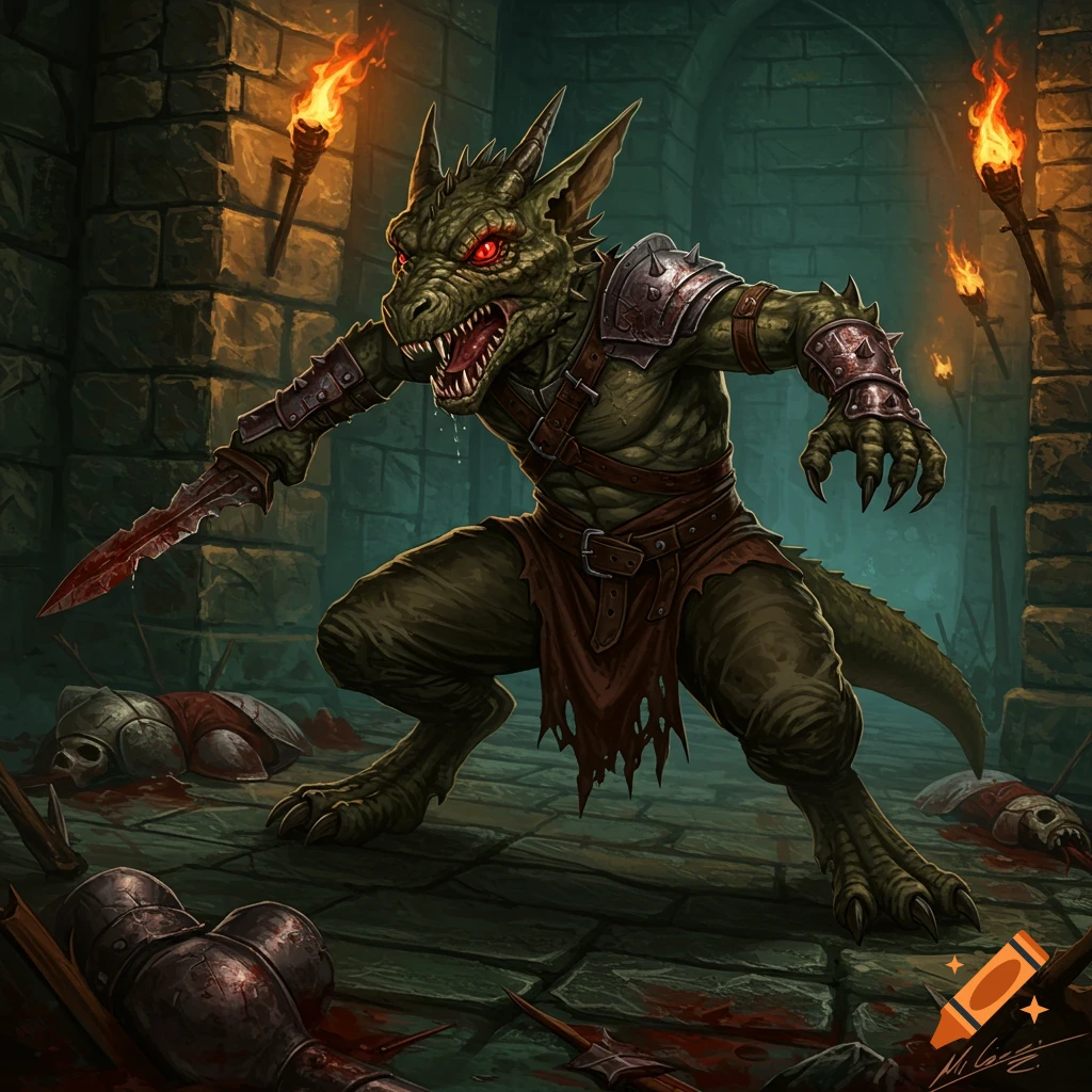 A fierce green kobold with glowing red eyes, wielding a bloody dagger in a torchlit stone dungeon among fallen armor.