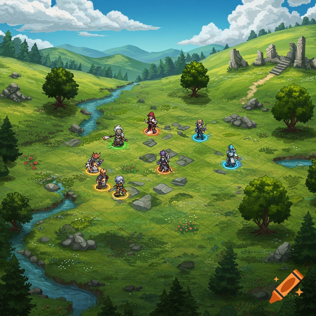 A JRPG-style battle map depicting several character sprites on a grid in a lush, green fantasy landscape with a river and ancient ruins.