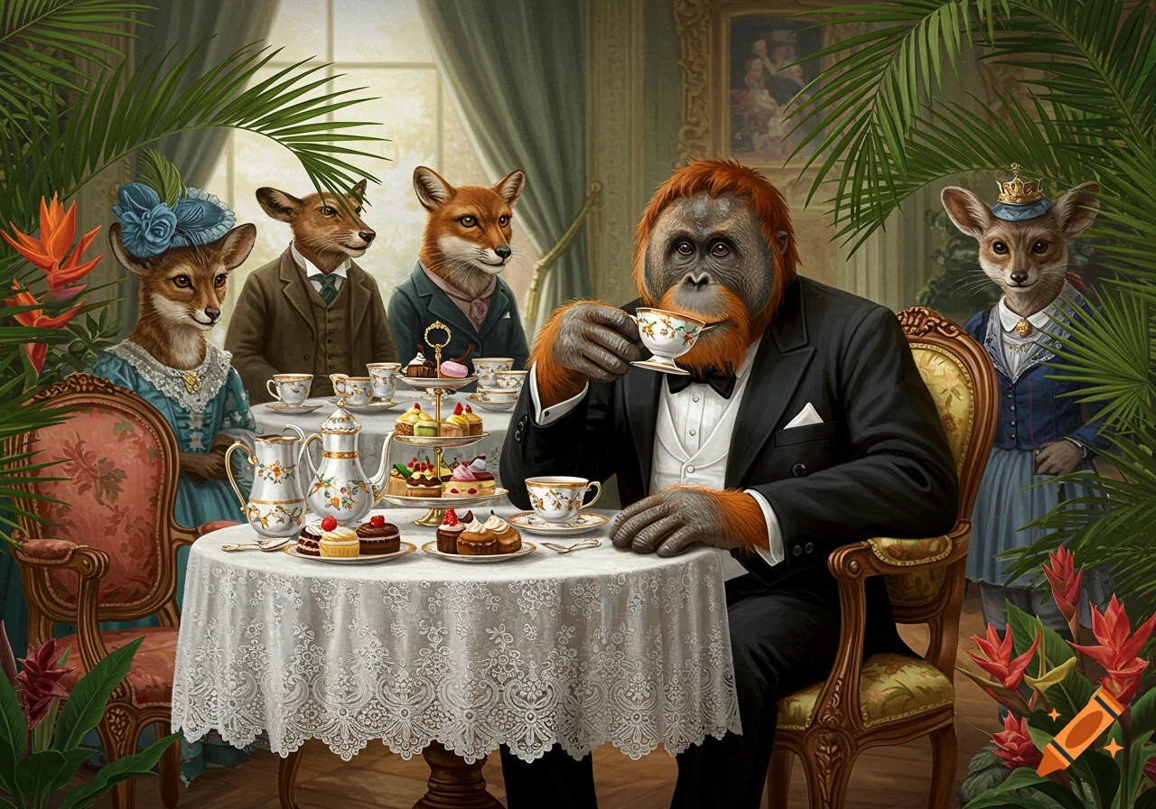 An orangutan in a tuxedo and other anthropomorphic animals in formal attire enjoying an elegant tea party in a richly decorated room.