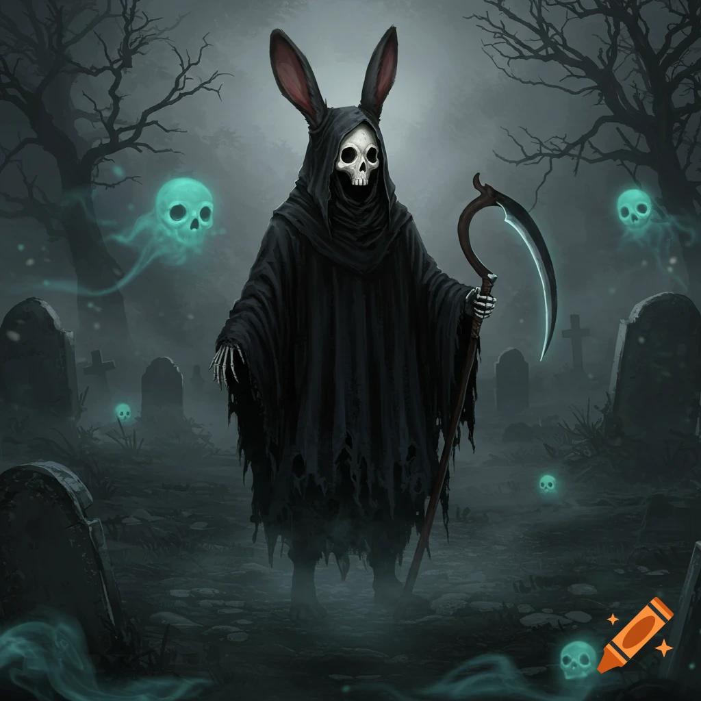 A skeletal Grim Reaper with bunny ears holds a scythe in a foggy graveyard with glowing skulls. Dark fantasy art.