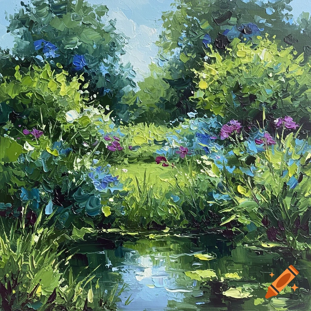 Expressionist oil painting of a lush garden with a pond reflecting the sky, surrounded by green foliage, blue and purple flowers.