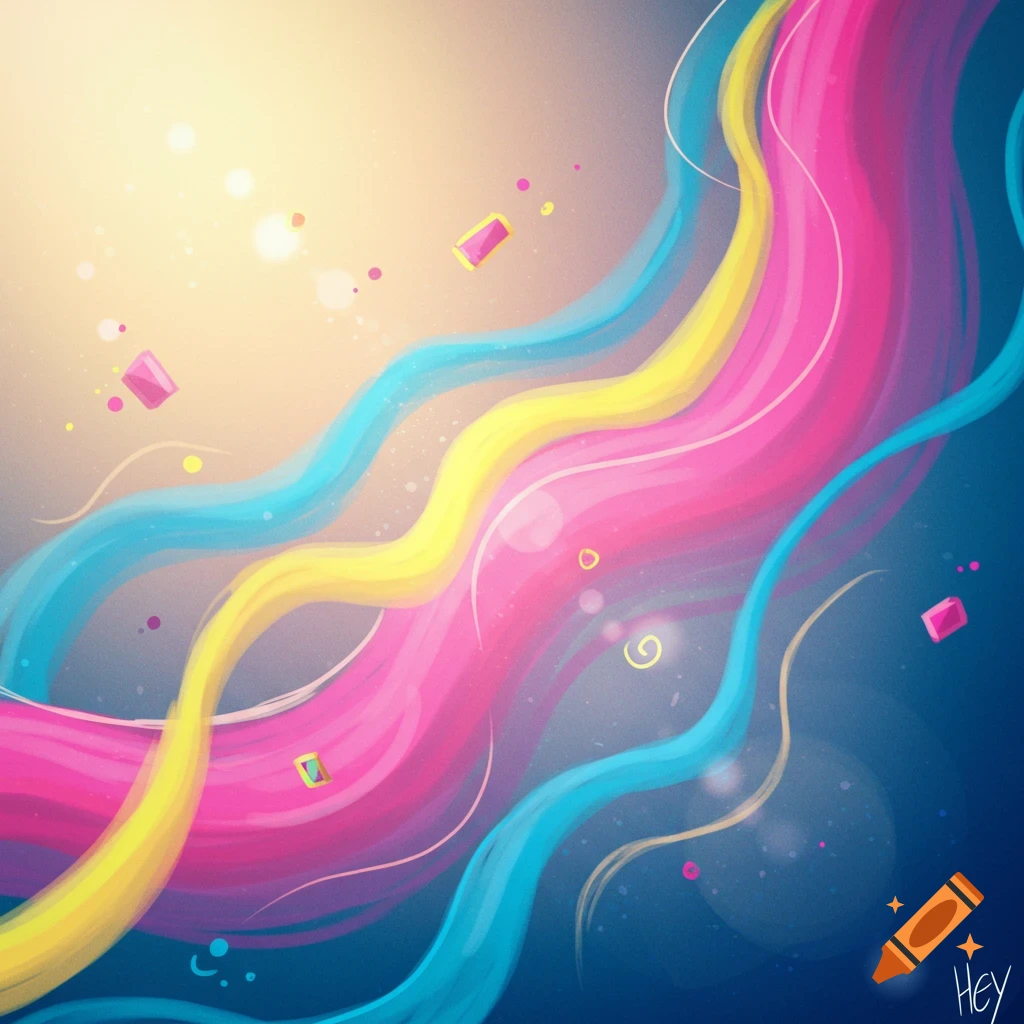 Abstract illustration with wavy pink, yellow, and blue lines against a dark blue to bright yellow gradient, with scattered shapes and light particles.