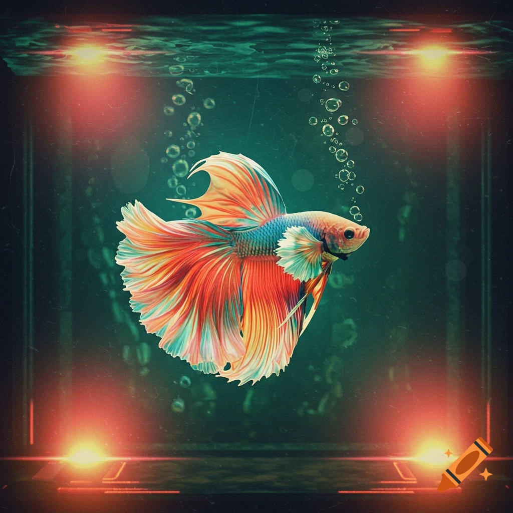 A vibrant, colorful betta fish with flowing fins swims in a dark aquarium with rising bubbles and glowing orange lights.