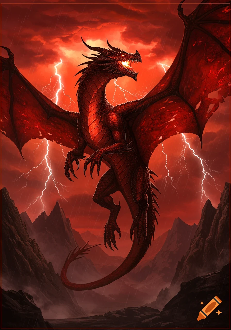 A majestic red dragon with glowing eyes breathes fire, soaring through a stormy red sky with lightning over dark mountains. Digital art.