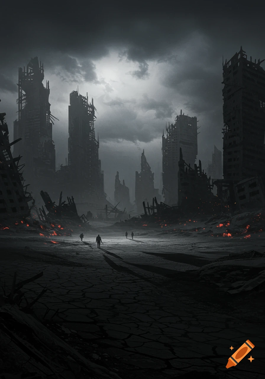Dark, gloomy image of a ruined city with crumbling skyscrapers, red embers, and small figures walking across cracked ground.