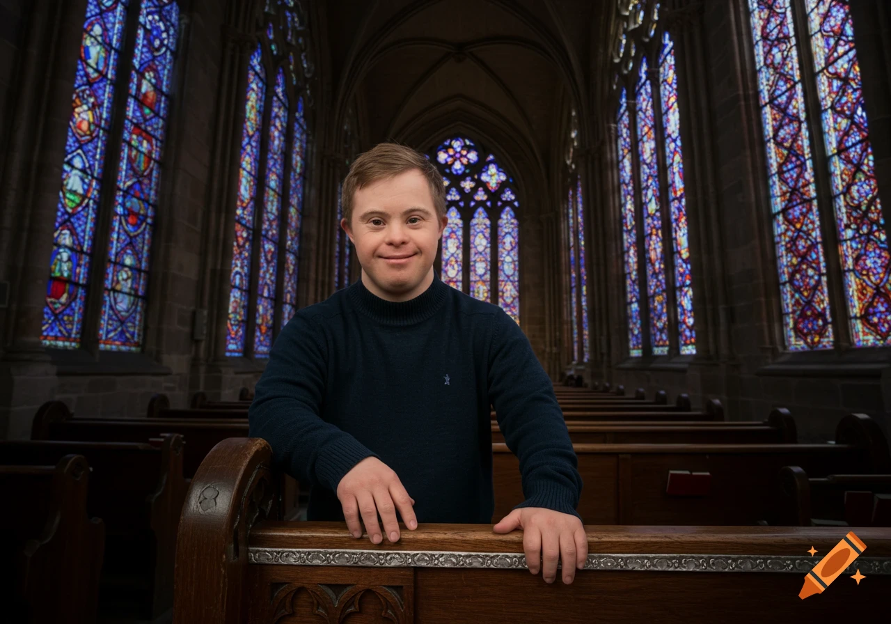 A smiling man with Down syndrome leans on a wooden pew in a church with colorful stained glass windows.