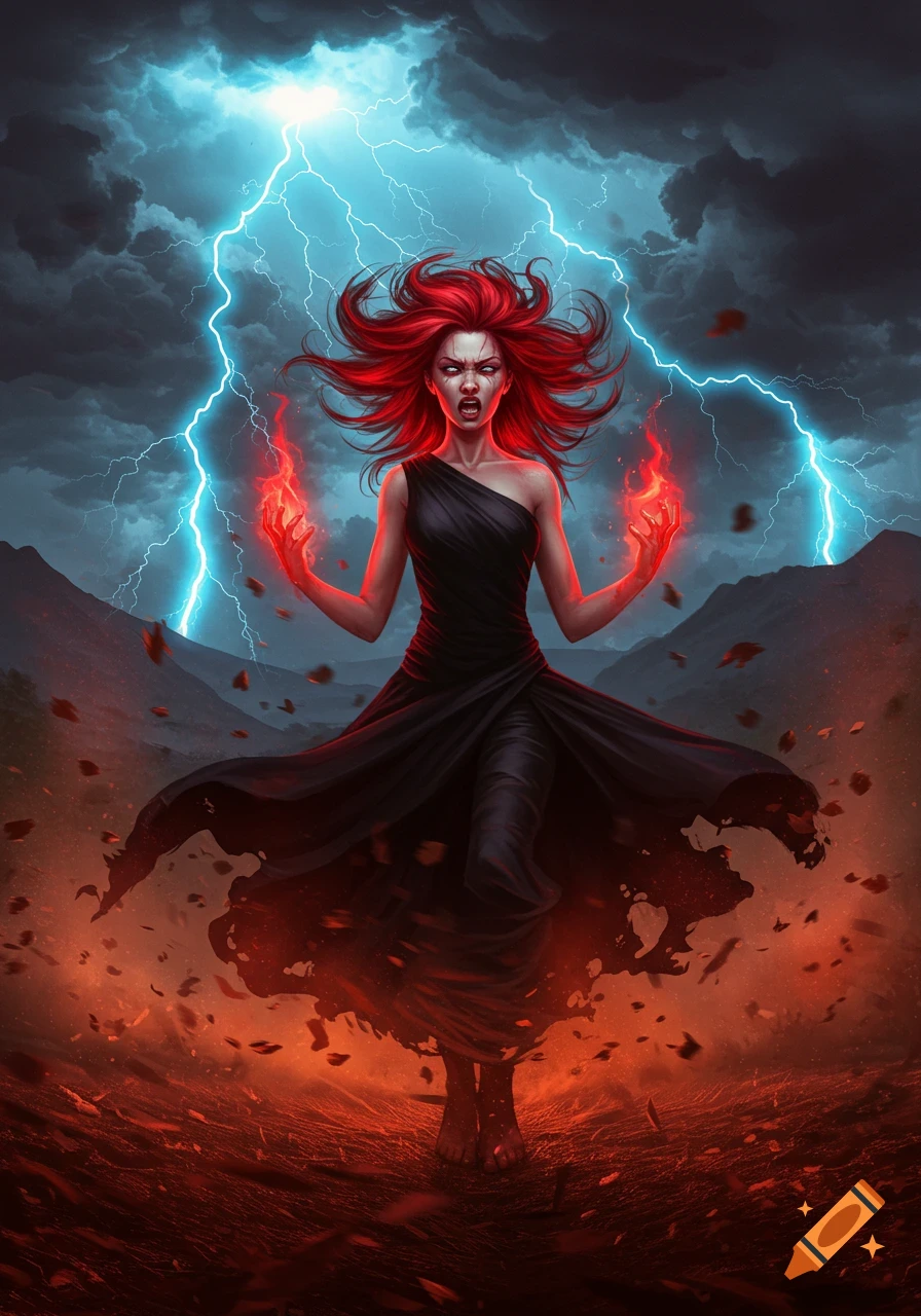 A powerful woman with fiery red hair and a black dress conjuring fire, with lightning striking in a stormy, mountainous landscape. Fantasy illustration.