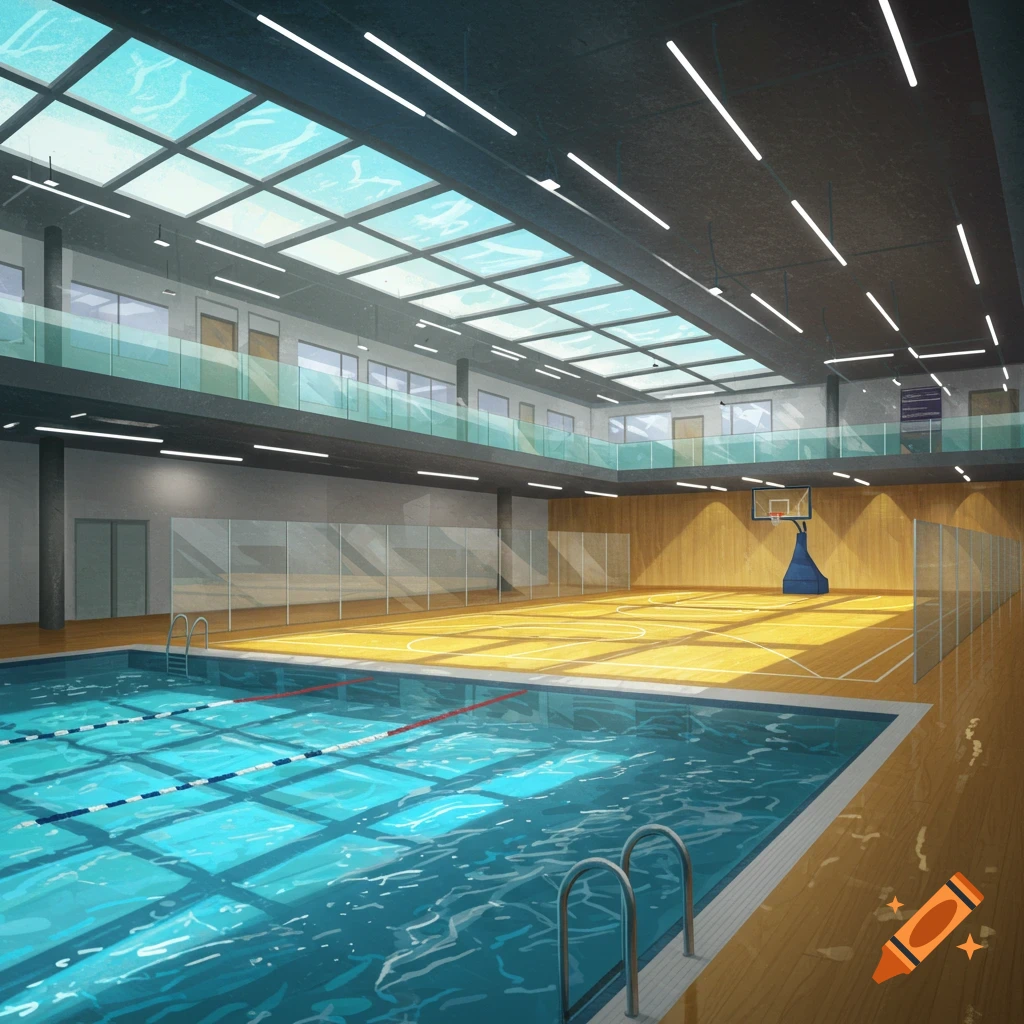 An empty modern indoor sports facility featuring a swimming pool in the foreground and a basketball court in the background under skylights.