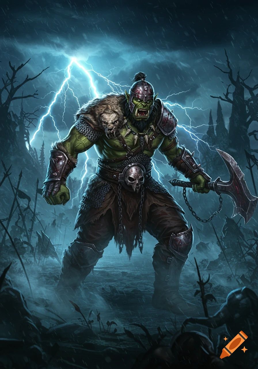 A powerful, green-skinned orc warrior with an axe and armor stands on a stormy, lightning-struck battlefield.