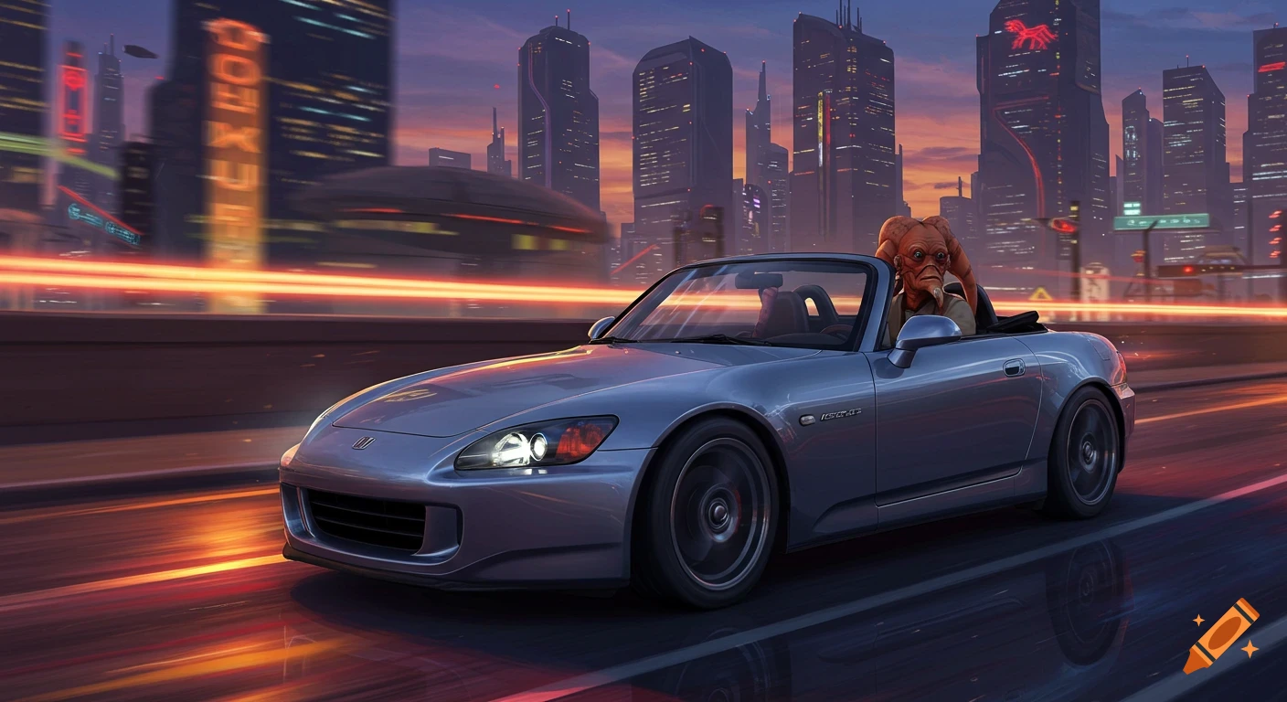 Kuiil, an alien character, drives a silver Honda S2000 convertible through a futuristic cityscape at sunset, with light trails on the road.