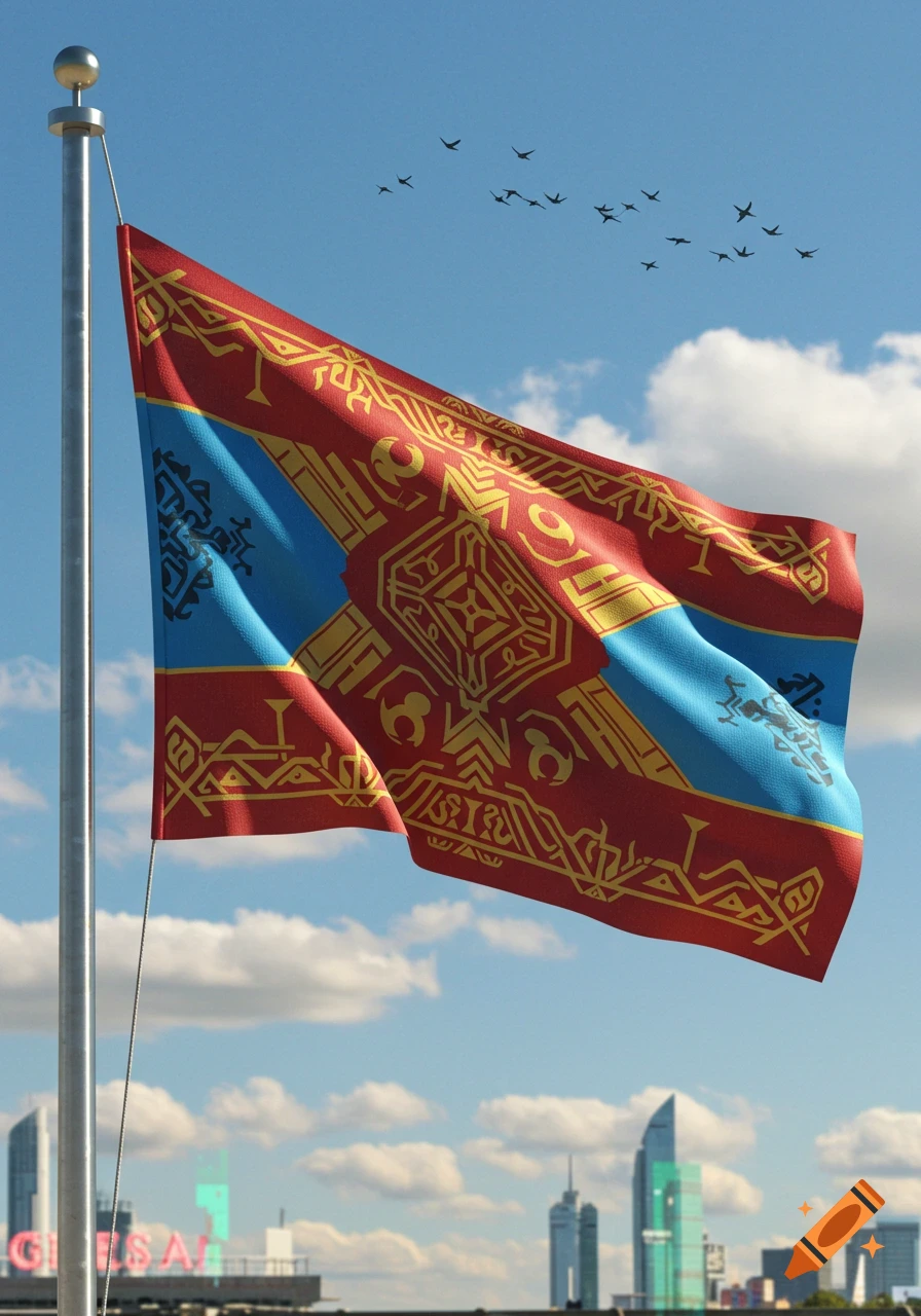 A vibrant red and gold flag with intricate patterns and blue stripes flies on a flagpole against a clear blue sky with sparse clouds and a distant city skyline.